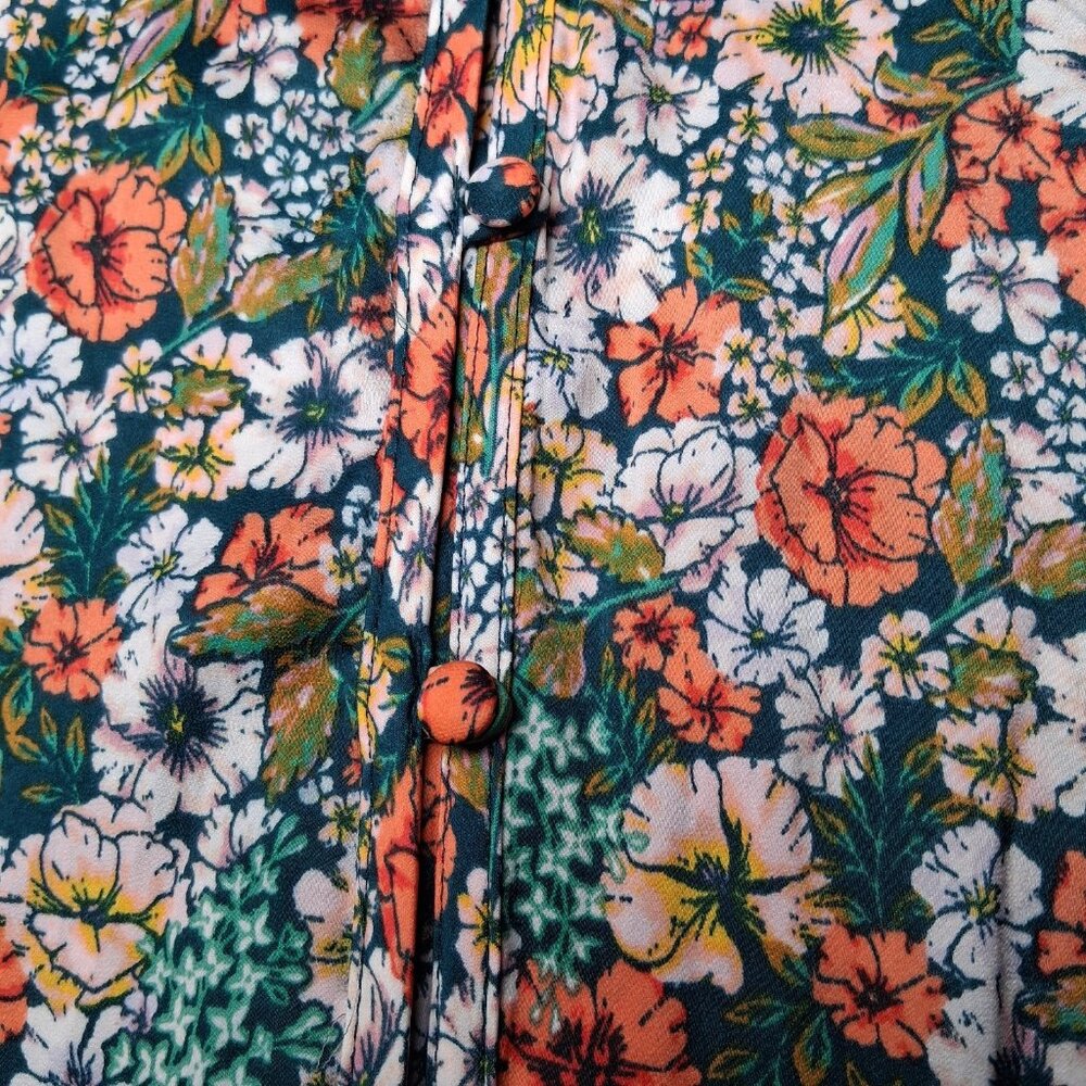 Lauren Conrad Blouse Small Green Peach Floral Button Front Ruffle Country Flower - Picture 16 of 16